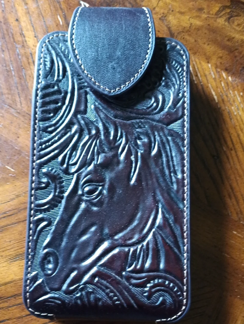 Brown Tooled Leather Phone Holster with Horse Design
